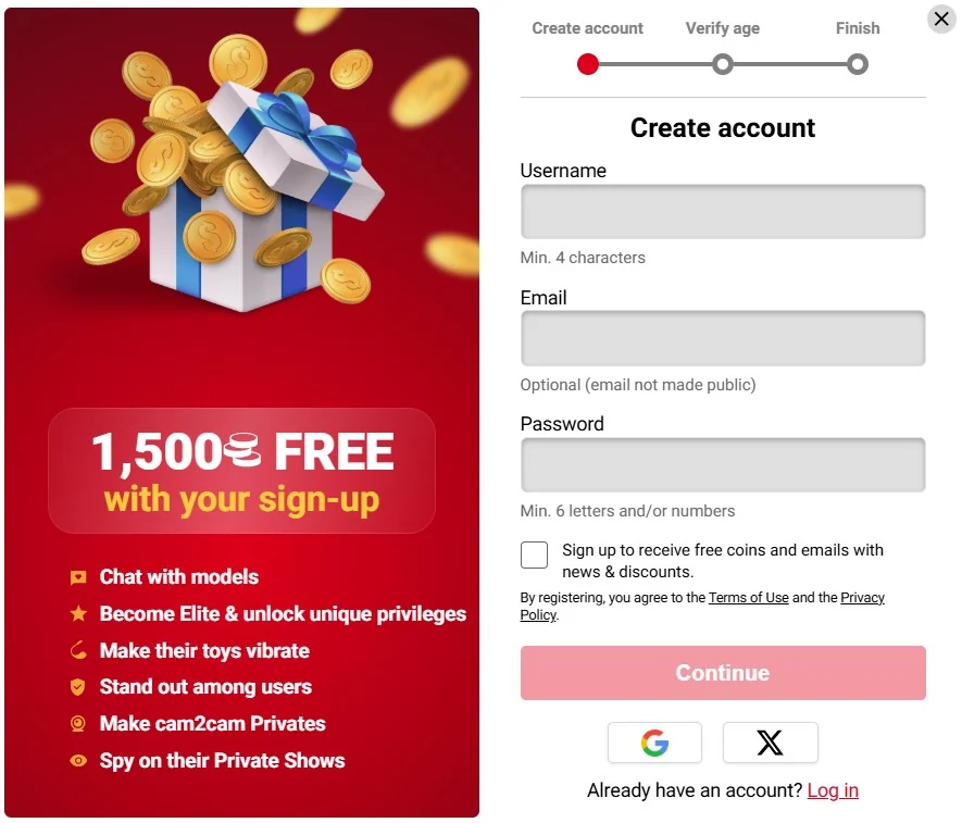 Free account creation page with welcome bonus